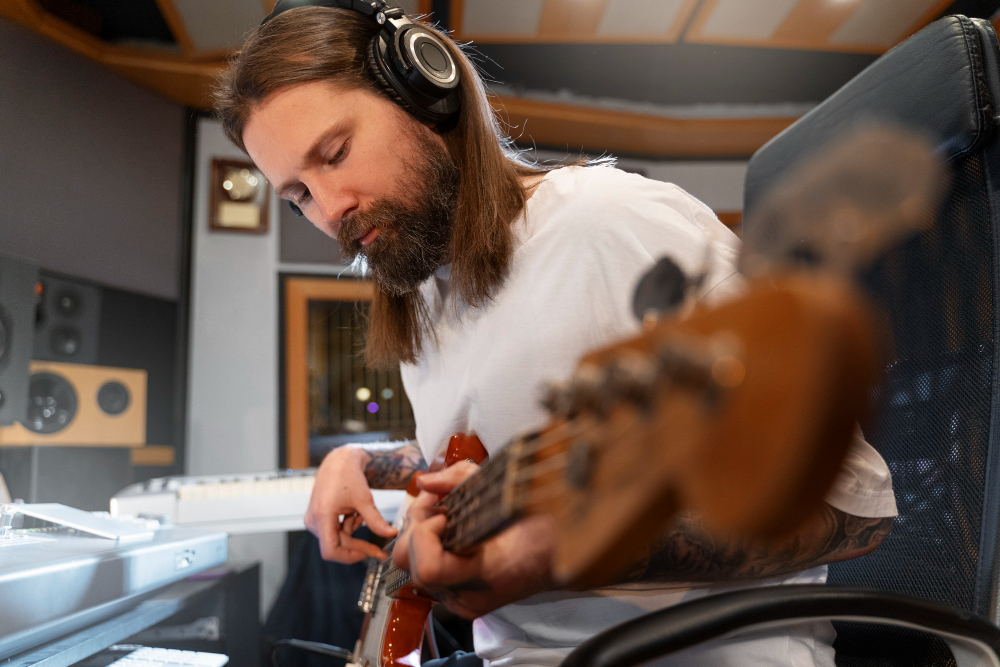 Tattooed musician playing electric guitar in a recording studio, representing creative professionals who seek online therapy