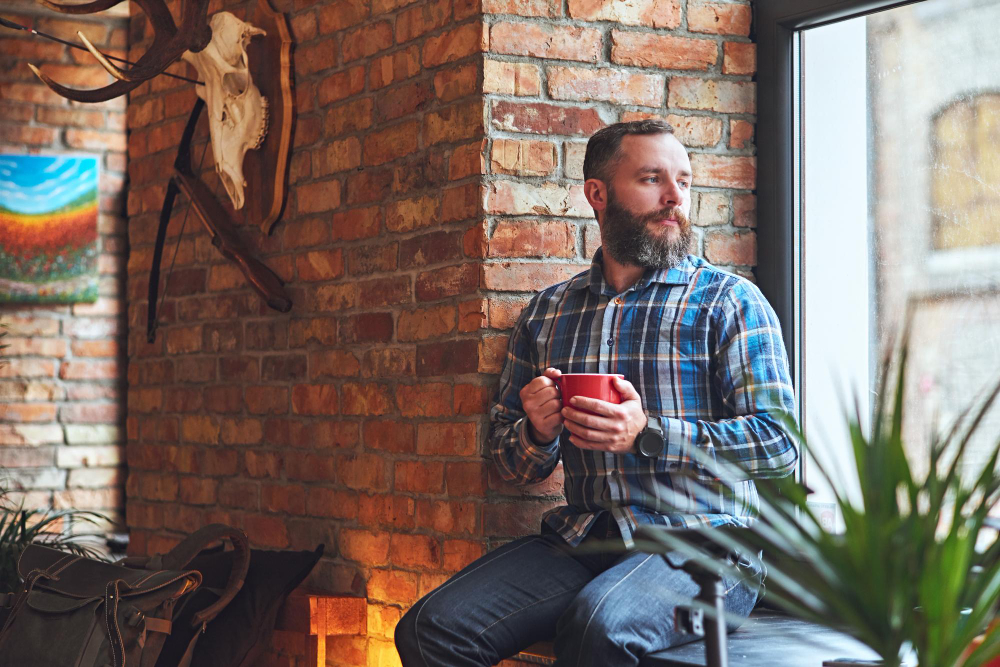 Bearded man in a plaid shirt sitting by a large window, holding a red coffee mug and gazing outside in quiet thought