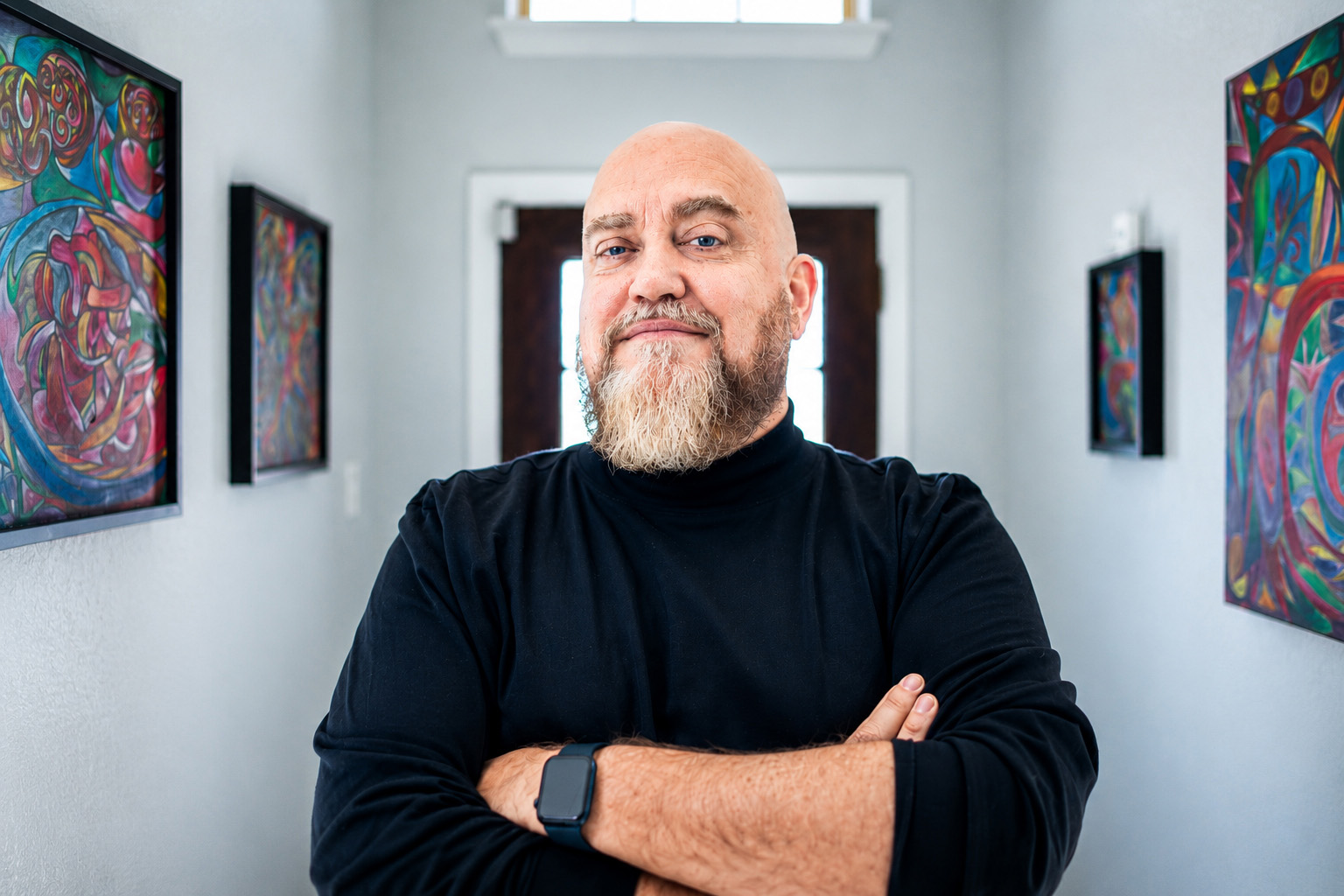 Jason Joseph, therapist for adults with ADHD, standing in a hallway with colorful artwork.