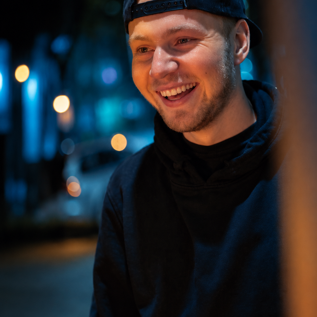 teal and amber night portrait